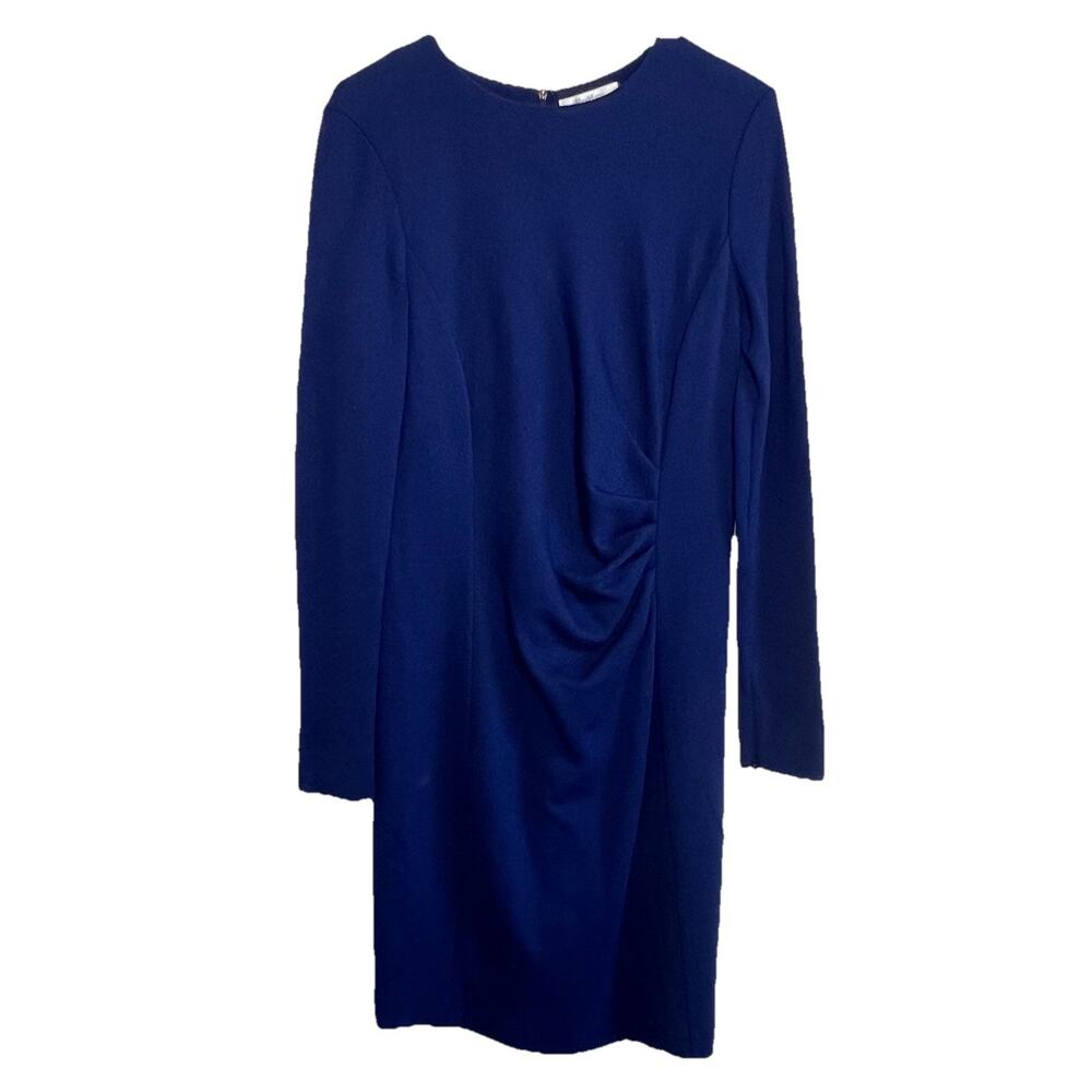 Max Mara Navy Virgin Wool Ruched Midi Sheath Dress Italy Size 10 Career Ae12